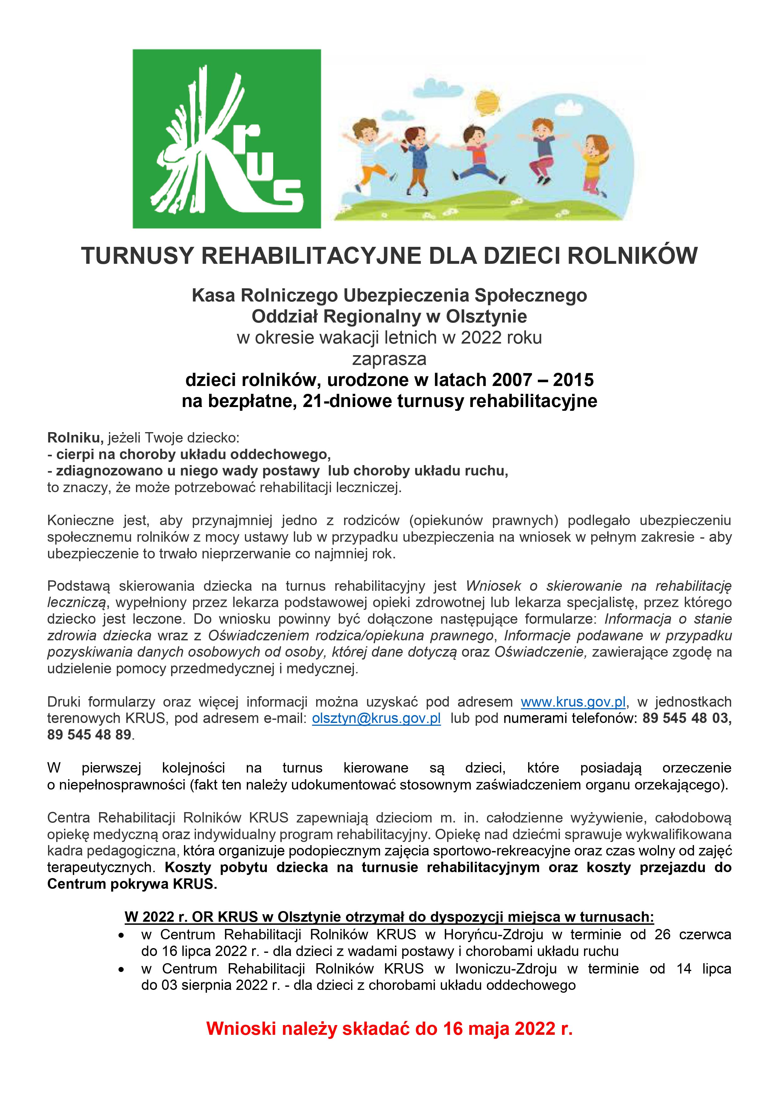 plakat dot. turnusów rehablitacyjnych dla dzieci rolników