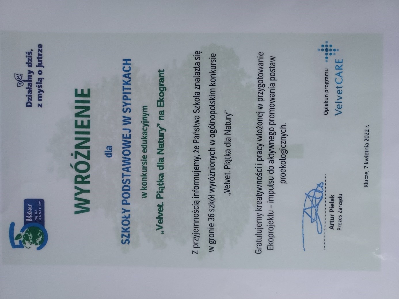 dyplom wyróżnienie dla SP w Sypitkach