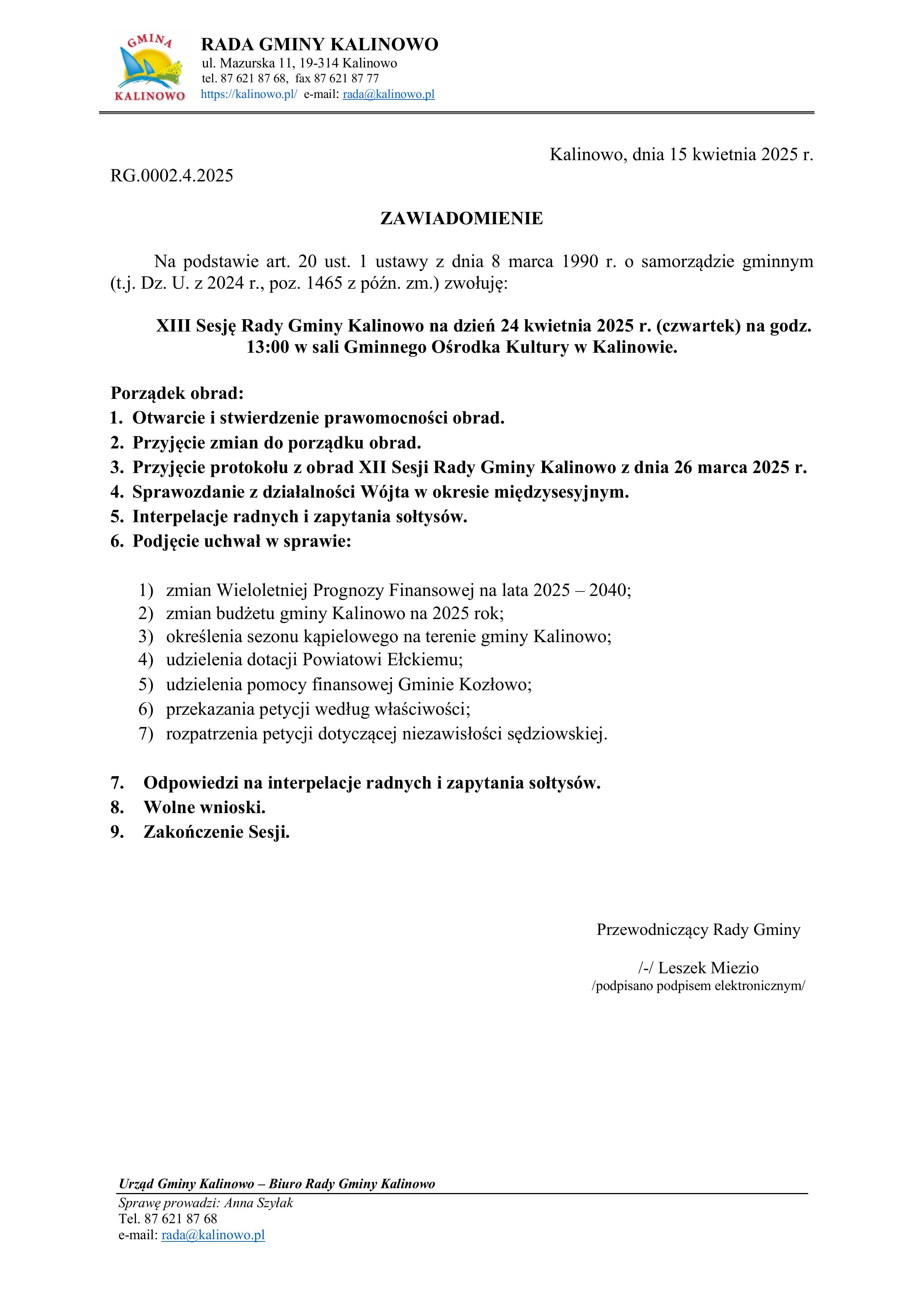 zaproszenie na XIII Sesję Rady Gminy