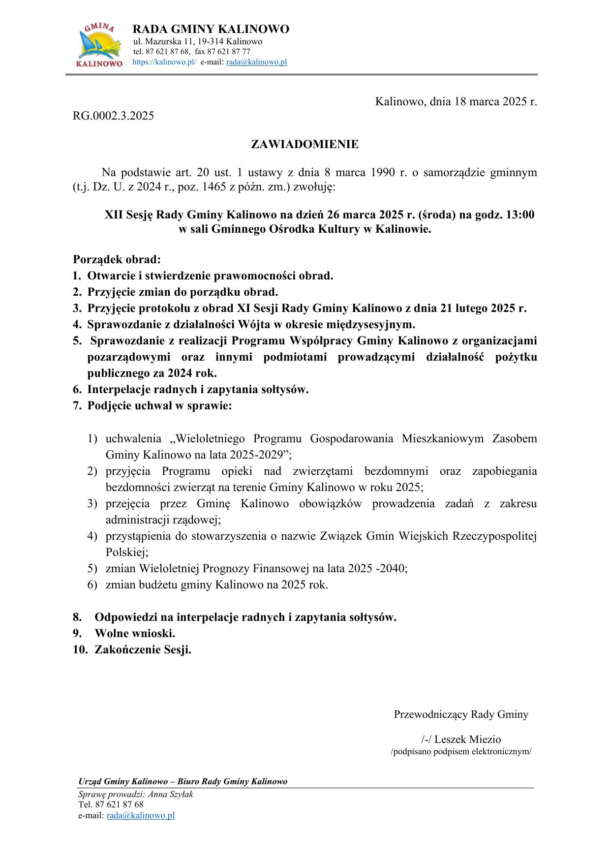 zawiadomienie o Sesji
