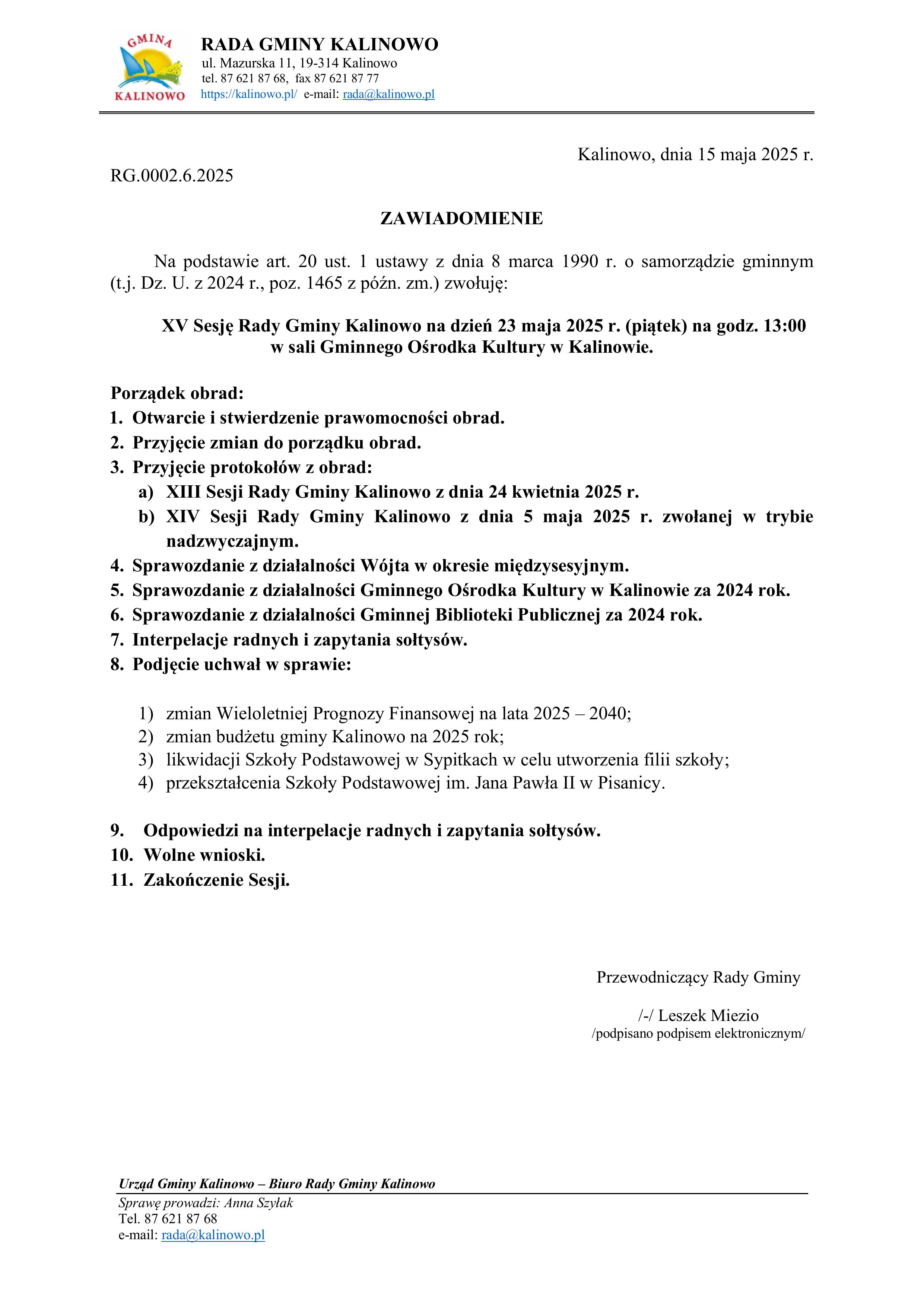 Zawiadomienie XV Sesja RG