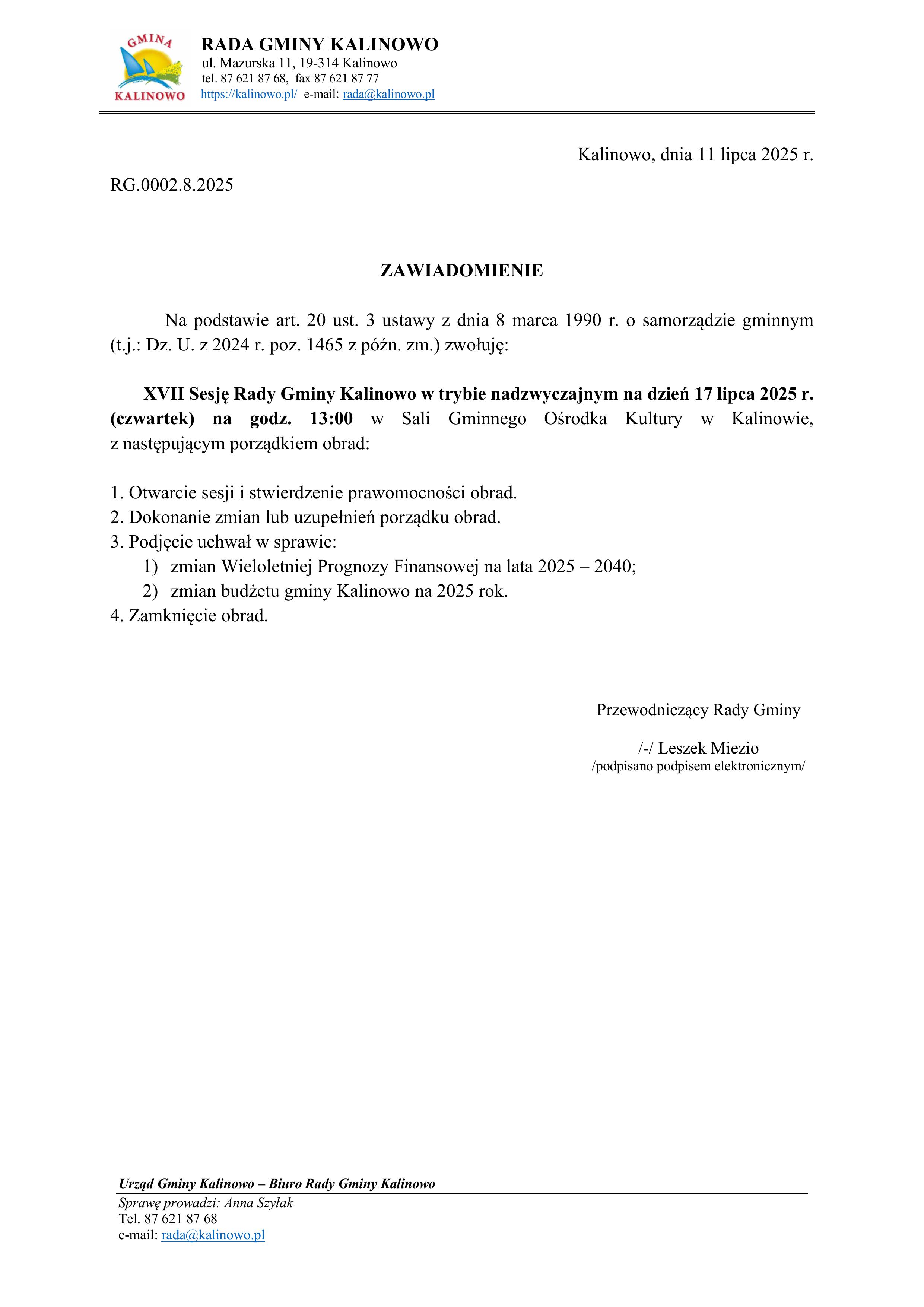 Zawiadomienie o&nbsp;Nadzwyczajnej XVII Sesji Rady Gminy