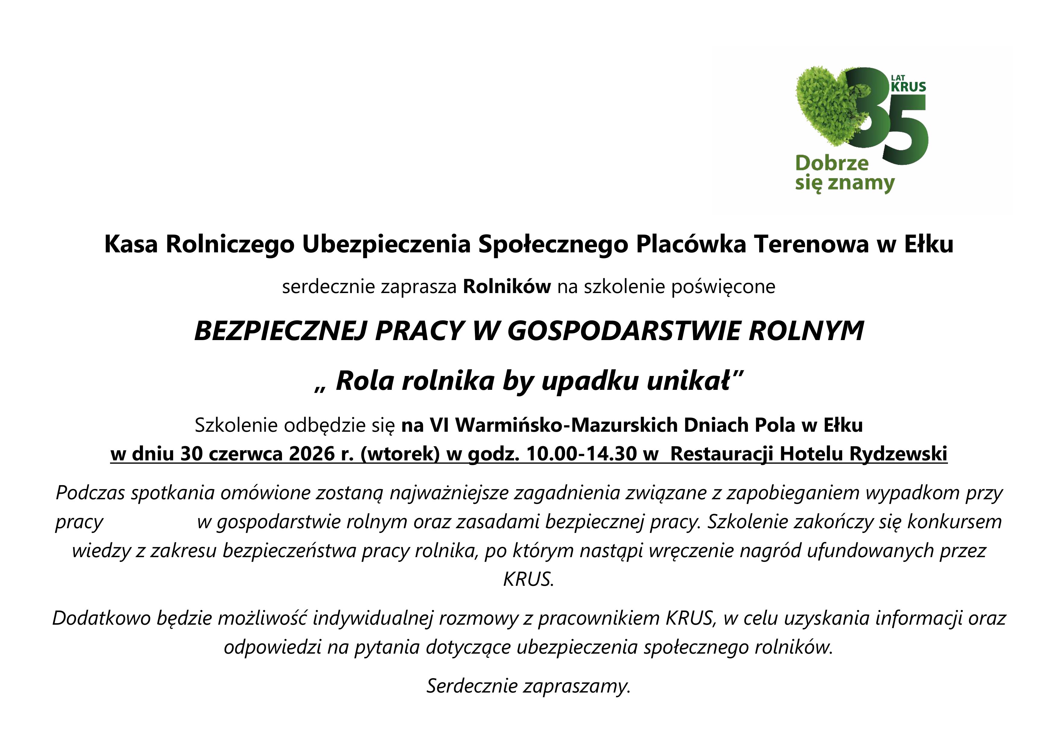 zaproszenie dla rolnik&oacute;w na&nbsp;szkolenie Dni Pola
