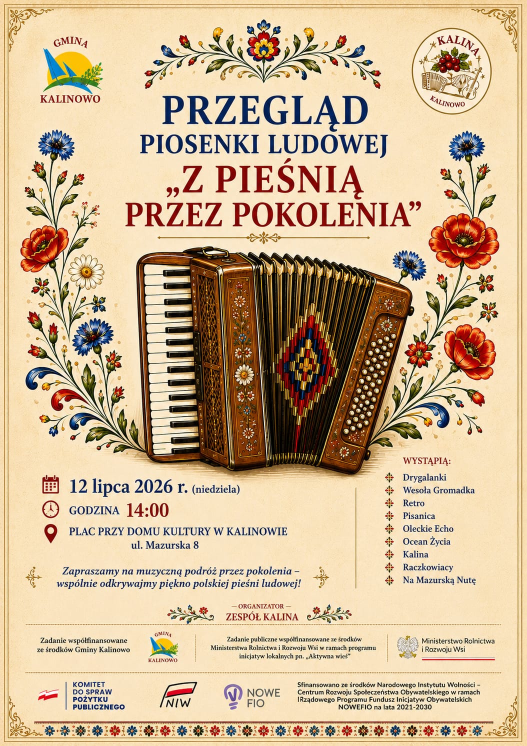 plakat dot. przeglądu piosenki ludowej pn. Zpieśnią przez pokolenia 